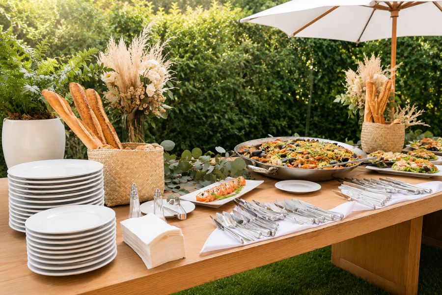 Banquetes a domicilio para eventos en CDMX con buffet, vajilla, pan, cubiertos y montaje Casa Paredes
