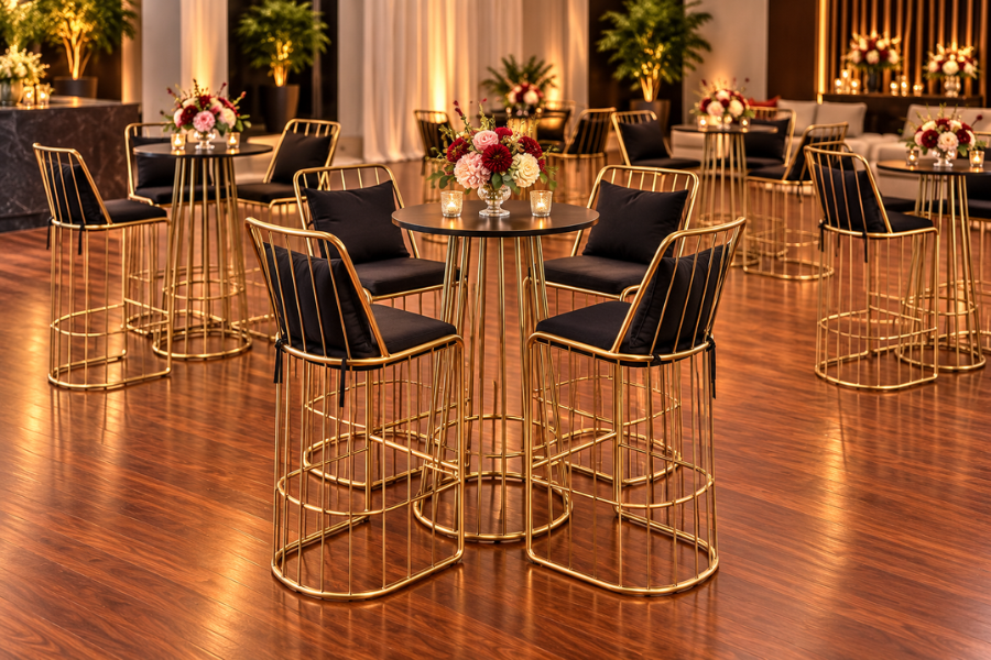 Renta de periqueras doradas con bancos negros para eventos en CDMX